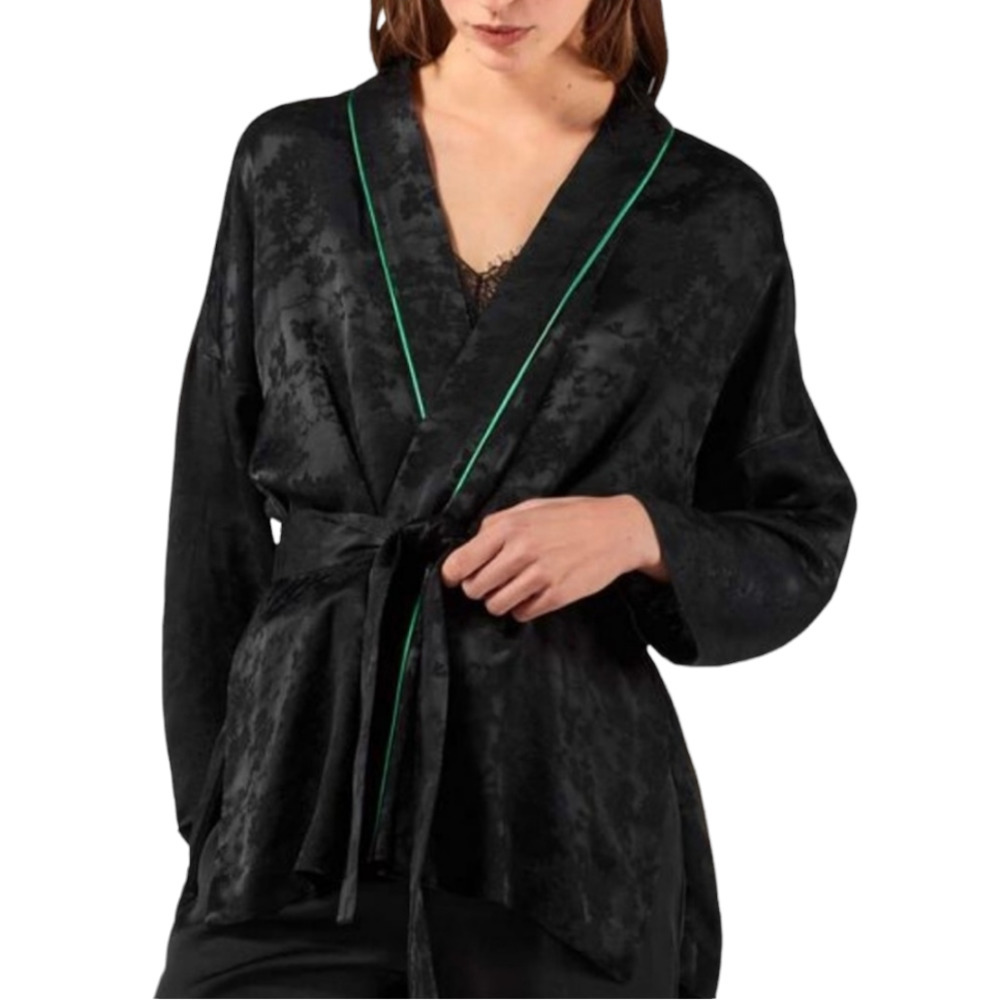 Maje Vasita Jacquard Black Contrasting Green Pipping Pleated Kimono Jacket S NEW